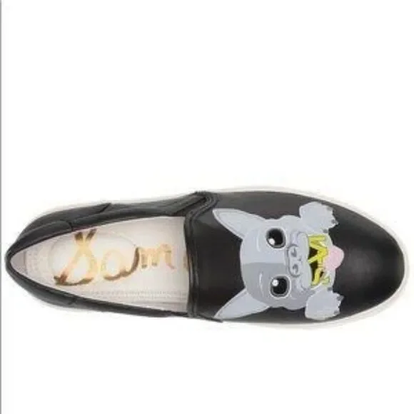 Sam Edelman Bulldog Sneakers Puppy Dog Black Slip On Sneakers Art Shoes New - Picture 3 of 11